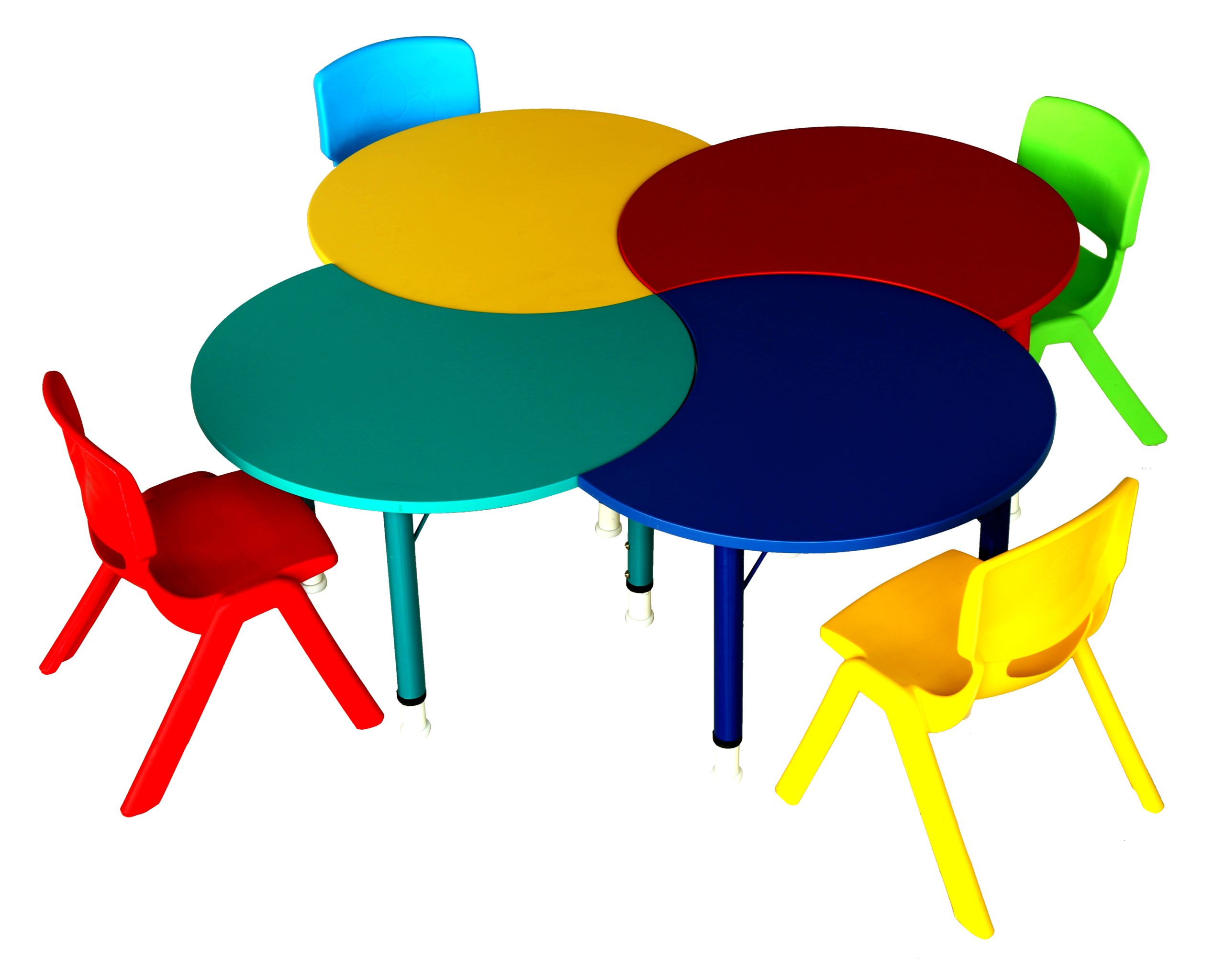 Kindergarten furniture multicolor quartette height adjustable table with 4 multi-color chairs