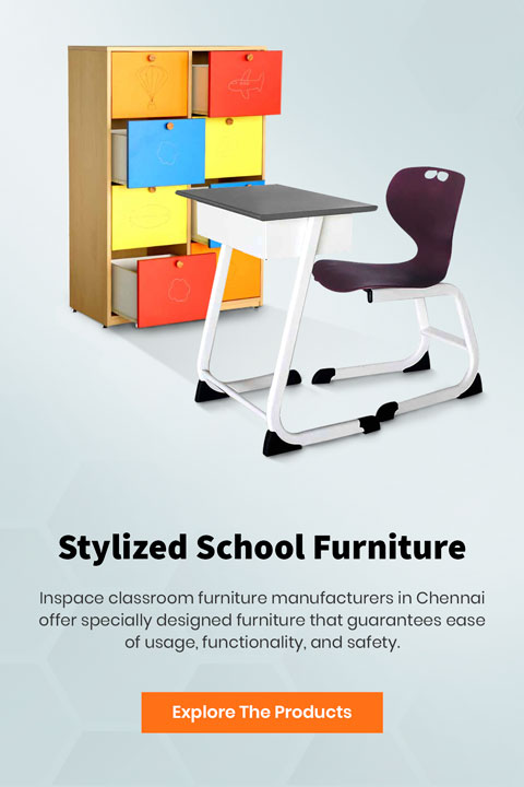 School furniture banner, with a writing chair and desk and a multicolour storage cabinet