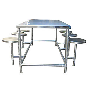 Six seater stainless steel school canteen furniture with rectangular table and round top steel stool seating