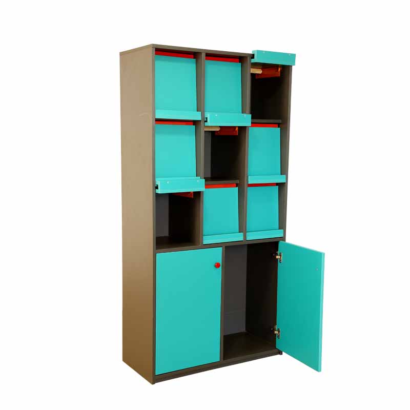 Library shelf with 9 sliding doors at upper side and double door single rack at the bottom with swing type door