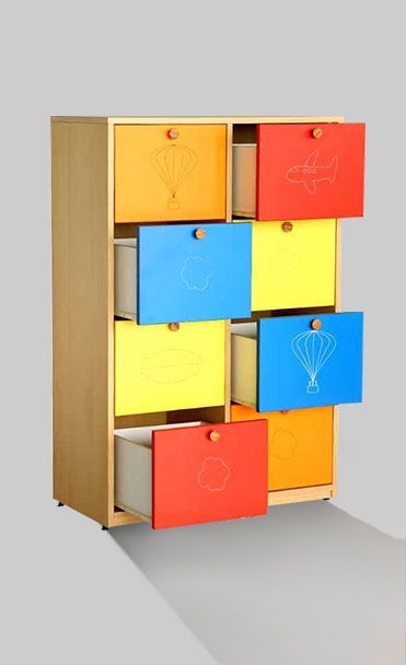 multi-color storage furniture that has 8 pull-out drawers with handle