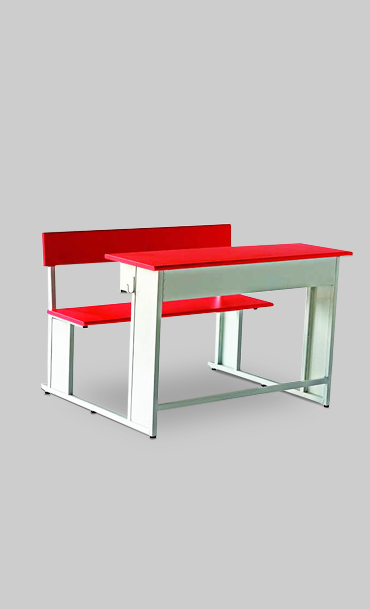 Red color two seater school desk with attached bench