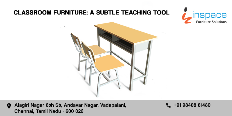 School classroom furniture single desk with two chairs