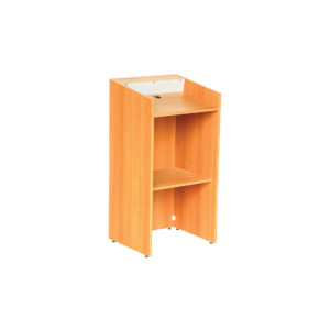 A wooden podium stand with storage space for the auditorium.