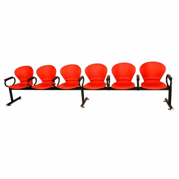 A set of 6 moulded nylon chairs in red colour with common armrests for auditorium seating