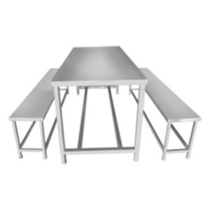 A rectangular stainless steel dining table with benches.