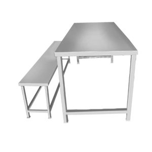 A rectangular stainless steel dining table with a bench for the canteen.