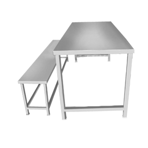 A rectangular polished stainless steel dining table with a bench for the canteen.