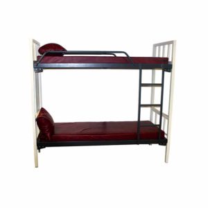 A hostel steel double bunk cot with a maroon pillow and a mattress with stairs.