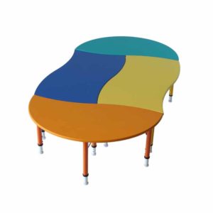 An oval-shaped wooden top with multicolour table for the play school.