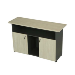 A rectangular-shaped wooden top with two sets of drawers with doors for the school office.