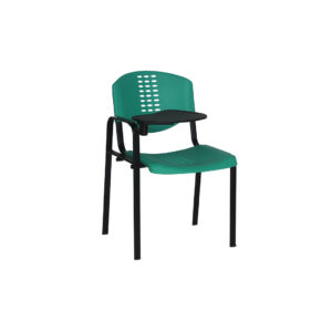 A turquoise color study chair with wooden writing pad.