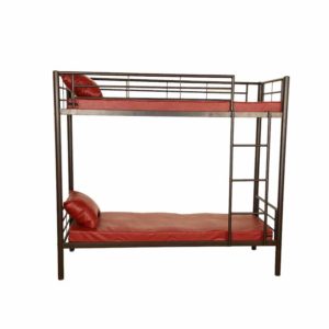 A bunker cot furnished with maroon covered bed and pillow designed for school hostels.
