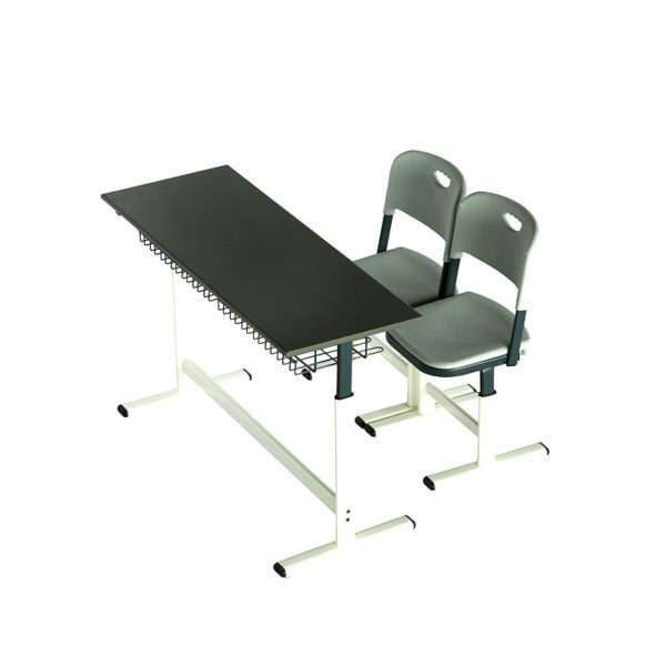 Two seater classroom bench and chair on white background