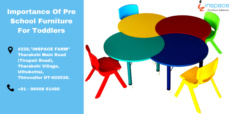 An oval-shaped wooden top with multicolour table for the play school.