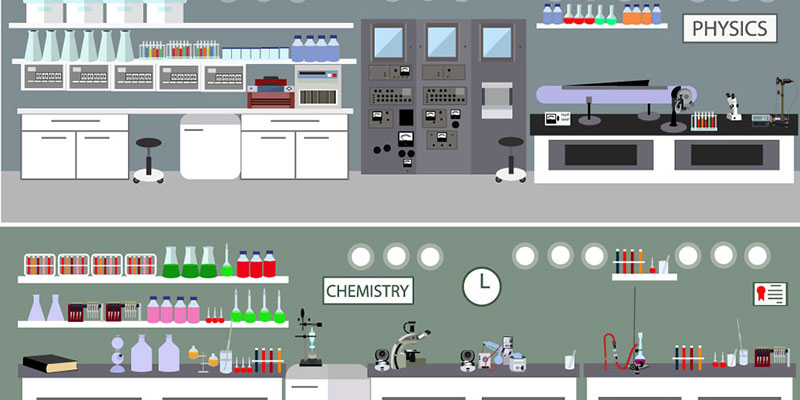 A vector illustration of the interior of a school's science lab, showing science equipment and tools
